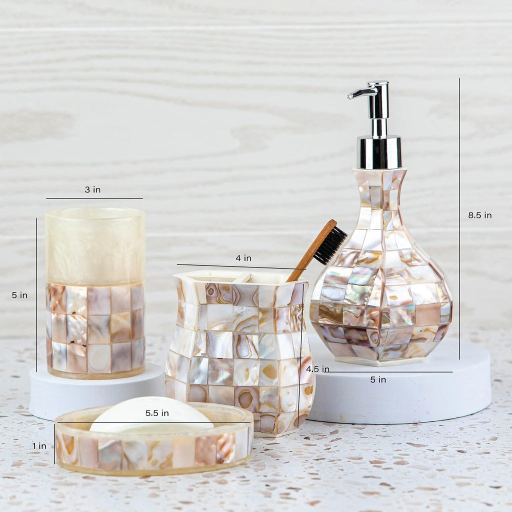 Milano 6 Piece Bathroom Accessory Set with Natural Mother of Pearl Shells - Includes: Bathroom Trash Can, Tissue Cover, Soap Dispenser, Toothbrush Holder, Tumbler and Soap Dish
