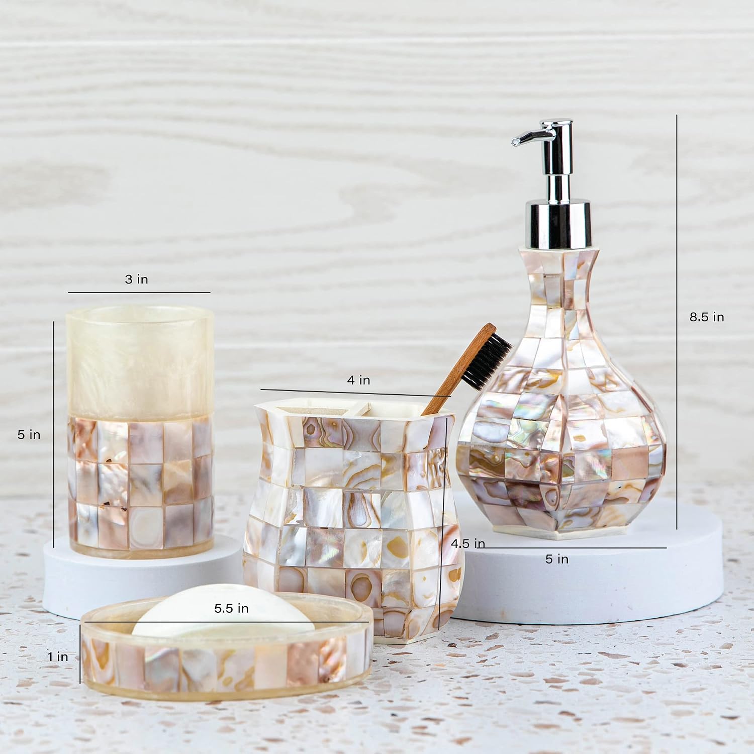 Milano 6 Piece Bathroom Accessory Set with Natural Mother of Pearl Shells - Includes: Bathroom Trash Can, Tissue Cover, Soap Dispenser, Toothbrush Holder, Tumbler and Soap Dish