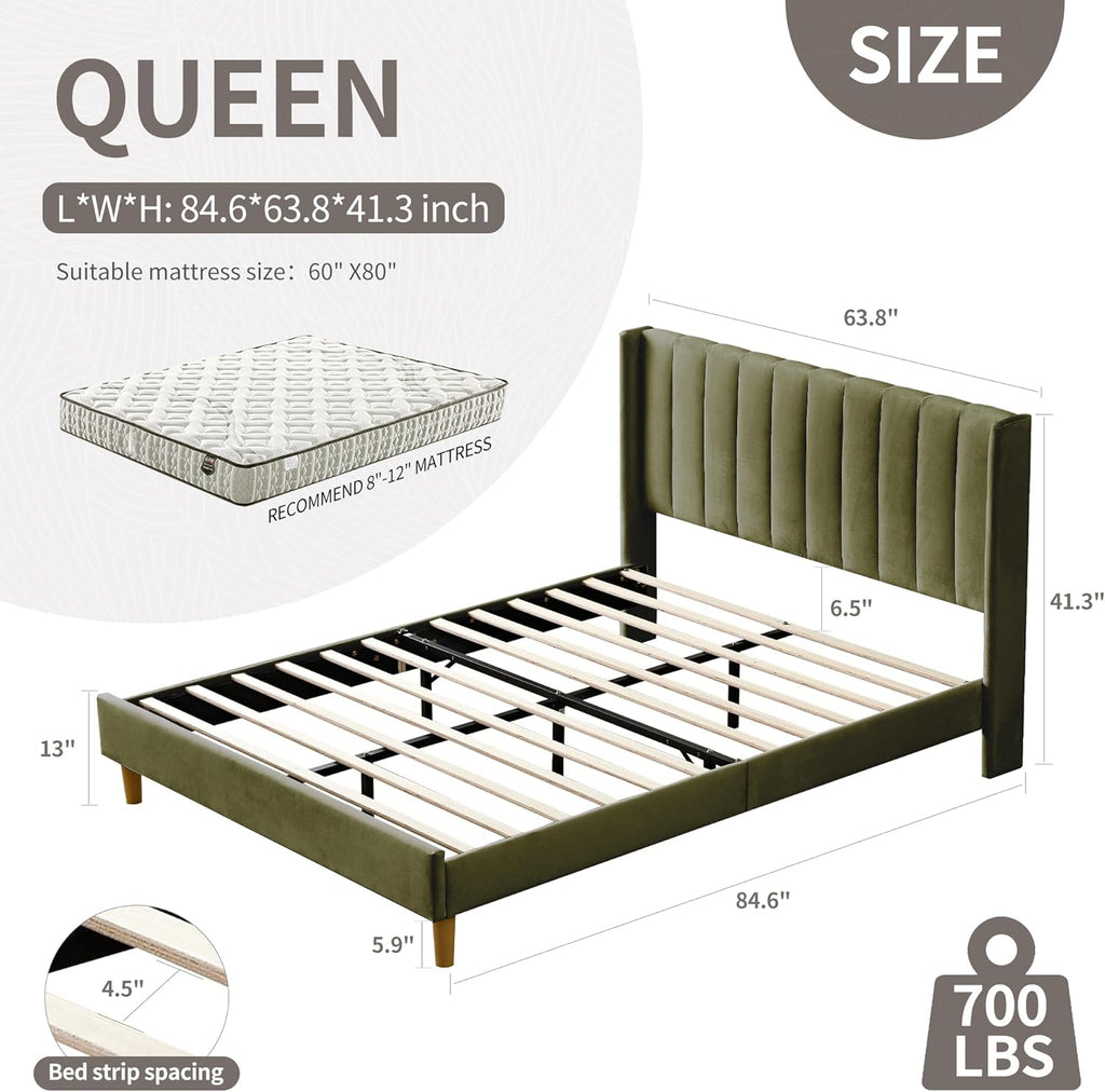 YUHUASHI upholstered Platform Bed Frame/Queen Bed Frame/Modern Geometric Double-Wing Design headboard/Velvet Fabric/Easy to Assemble no Noise (Grass Green, Queen (U.S. Standard))