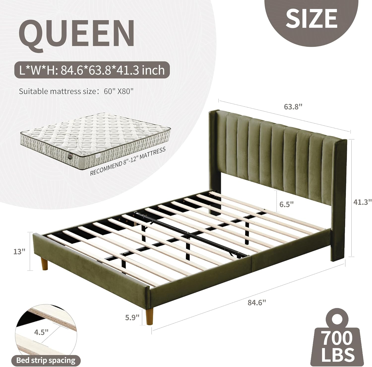 YUHUASHI upholstered Platform Bed Frame/Queen Bed Frame/Modern Geometric Double-Wing Design headboard/Velvet Fabric/Easy to Assemble no Noise (Grass Green, Queen (U.S. Standard))