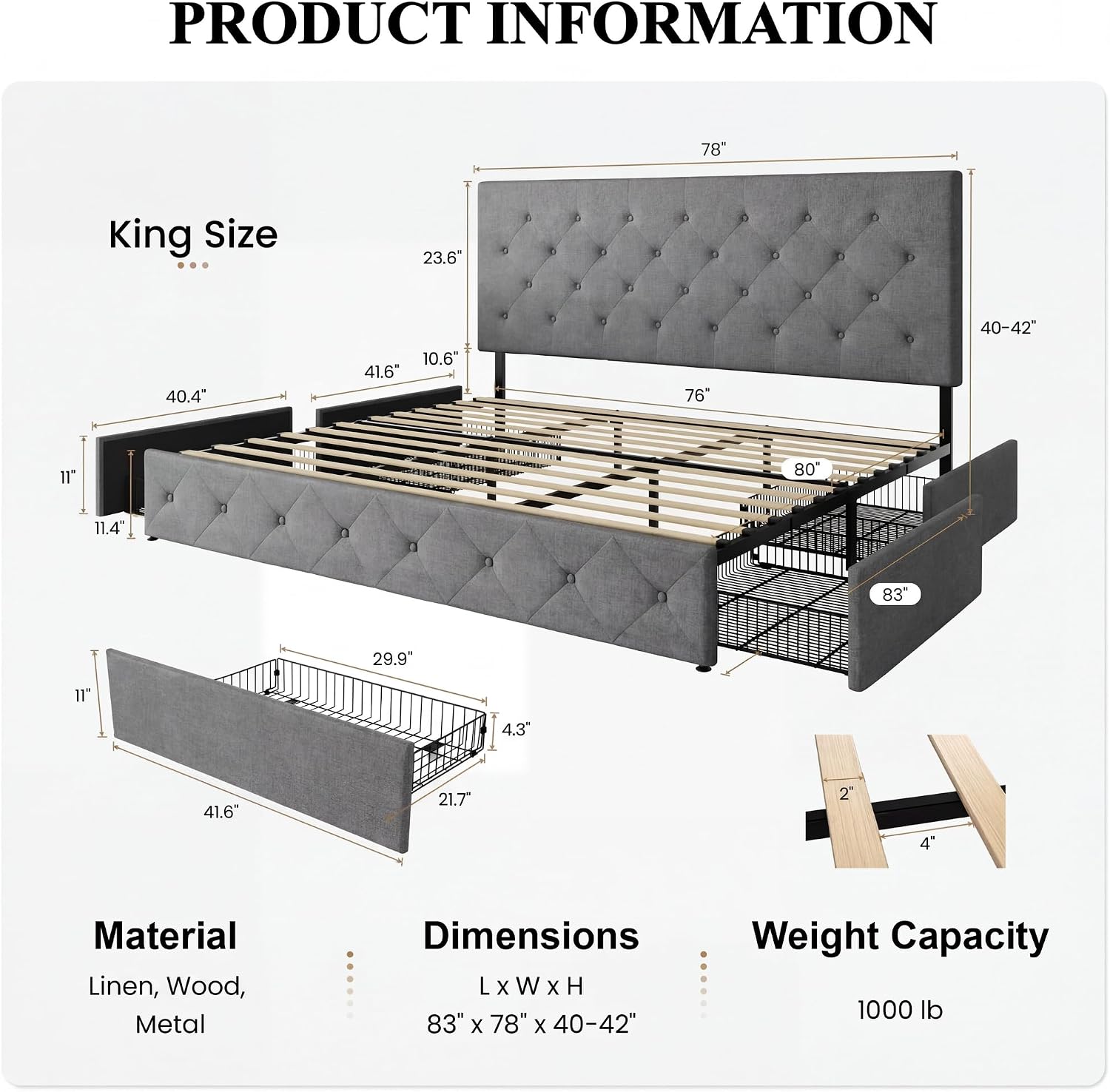 SHA CERLIN Upholstered King Size Platform Bed Frame with 4 Storage Drawers, Adjustable Headboard with Diamond Stitched Button Tufted Design, Wooden Slat Support, No Box Spring Needed, Light Grey