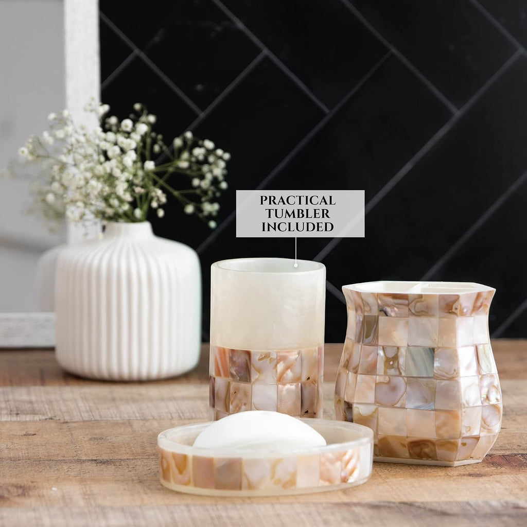 Milano 6 Piece Bathroom Accessory Set with Natural Mother of Pearl Shells - Includes: Bathroom Trash Can, Tissue Cover, Soap Dispenser, Toothbrush Holder, Tumbler and Soap Dish