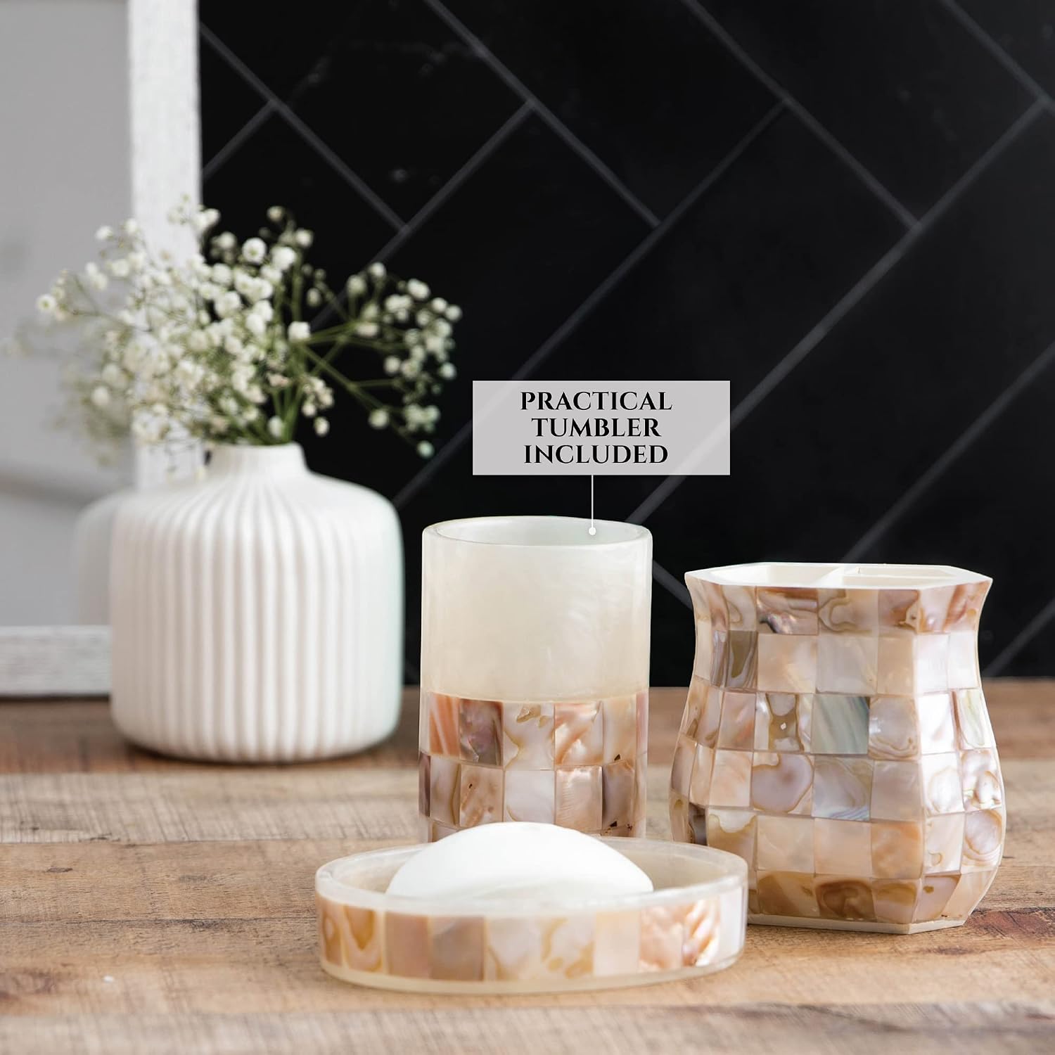 Milano 6 Piece Bathroom Accessory Set with Natural Mother of Pearl Shells - Includes: Bathroom Trash Can, Tissue Cover, Soap Dispenser, Toothbrush Holder, Tumbler and Soap Dish