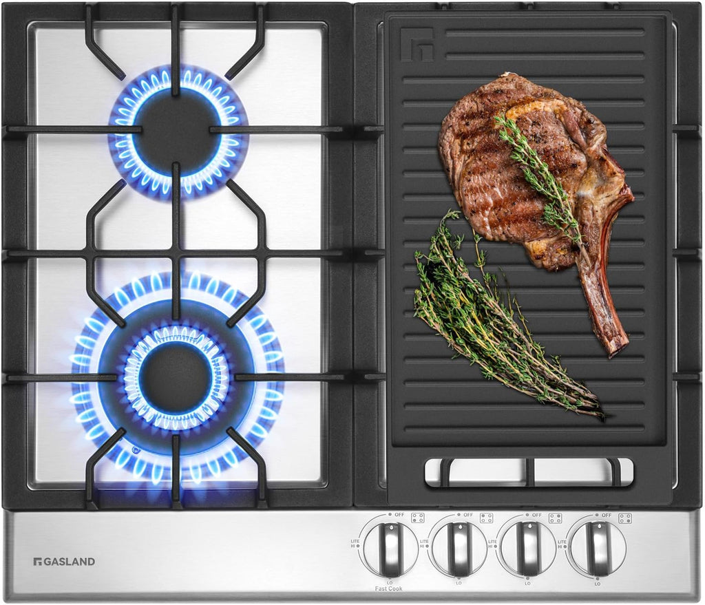 GASLAND 24 Inch Gas Cooktop with Griddle, 4 Sealed Burners Stovetop, LPG/NG Convertible Dual Fuel Natural Gas Hob, Heavy Duty Cast Iron Grates, Electronic Ignition, Zinc Alloy Knobs, Stainless Steel