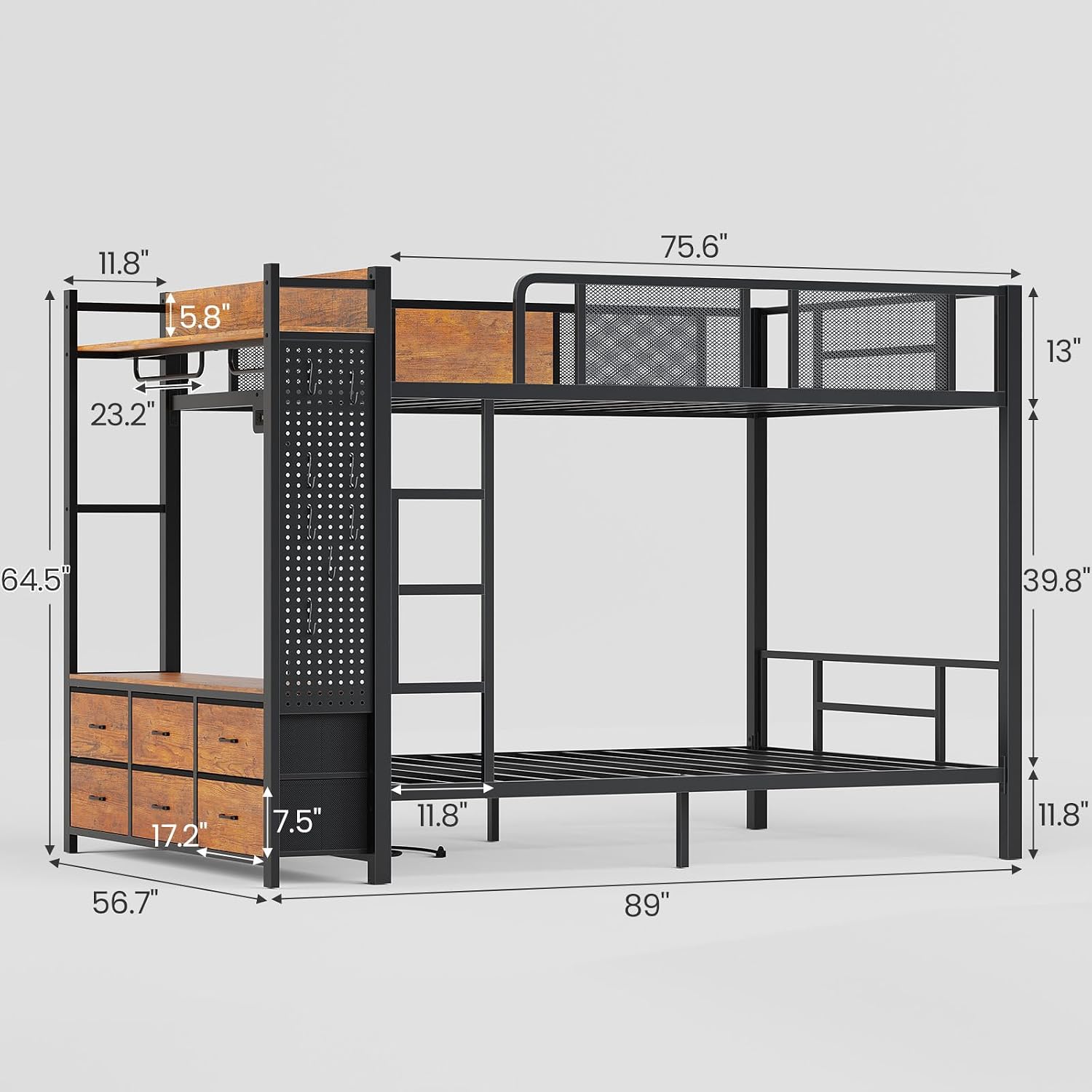 Itaar Metal Bunk Bed Full Over Full with Hall Tree, Power Outlet, LED Bunk Bed with 6 Storage Drawers, Bed with 13'' Safety Guardrail & Ladders for Kids and Teen, 400lb Weight Capacity, Rustic Brown