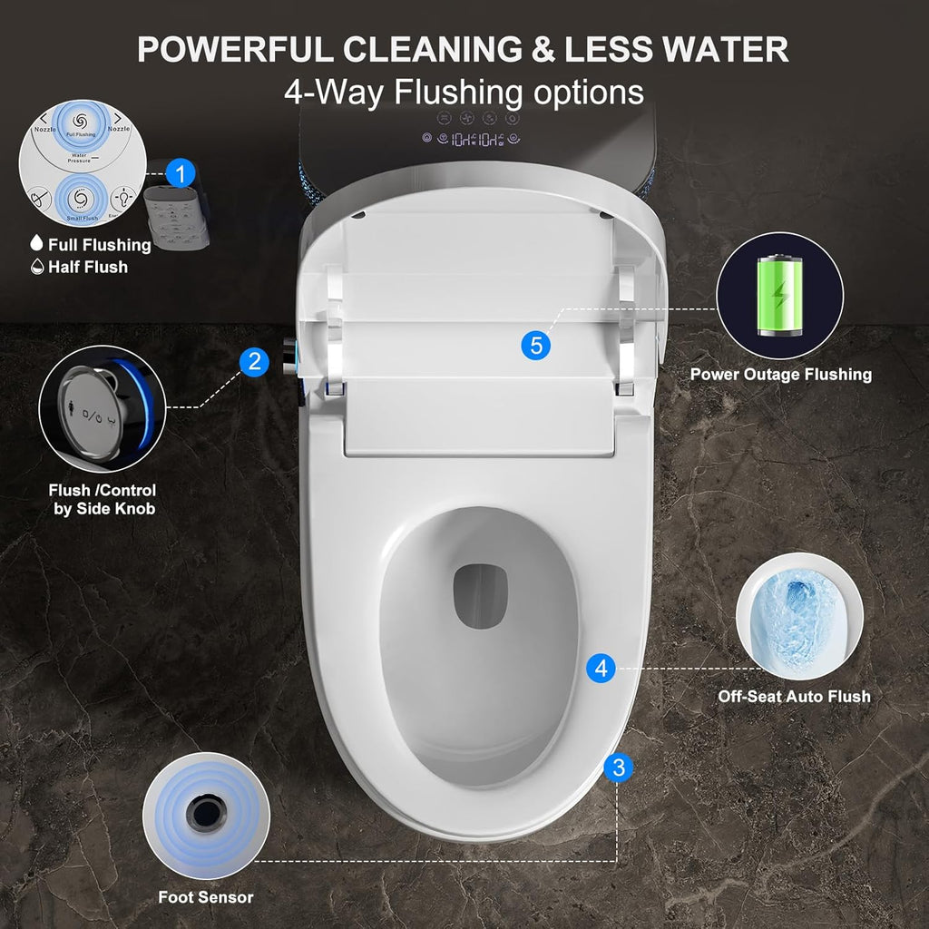 Smart Toilet with Bidet Built in, One Piece Toilet with Auto Soft Open&Close Lid&Seat, Foot Sensor, Auto Flush, Heated Seat, Warm Water&Dry, Night Light, Elongated Tankless Design Toilet for Bathroom