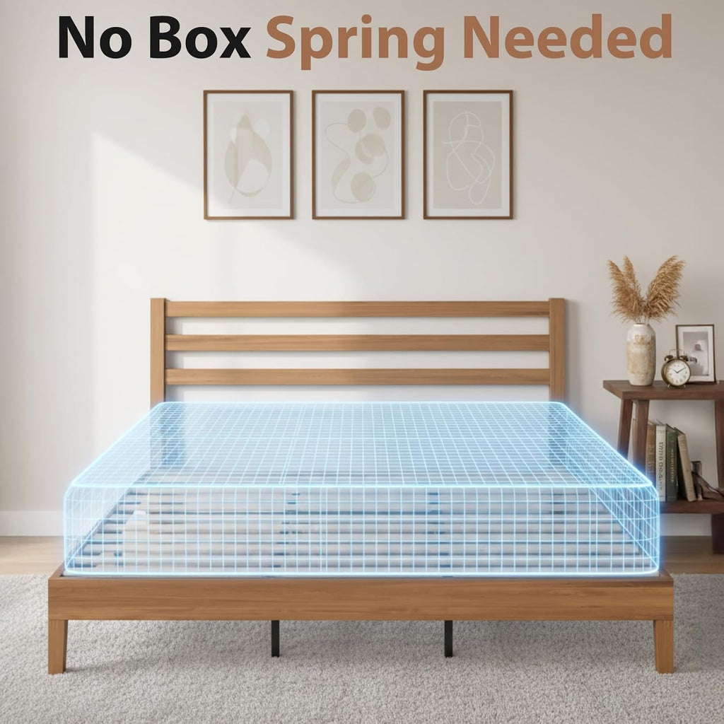 Sweetcrispy Solid Wood Bed Frame - Queen Size Mattress Foundation with Headboard, No Box Spring Needed with 1100LBS Sturdy Wooden Slats Support, Noise Free, Easy Assembly