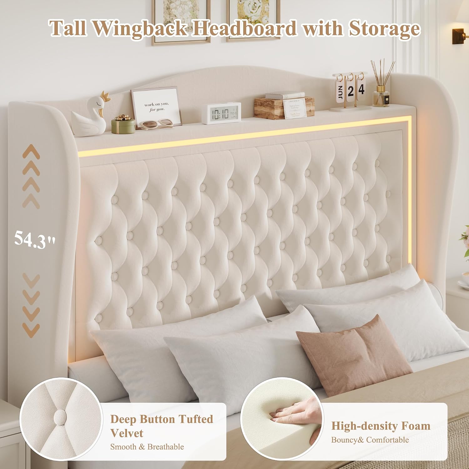 Queen Bed Frame 55' Tall Headboard with LED Lights, Buttons Tufted Velvet Upholstered Platform Bed Frame with 2 Storage Drawers, Wood Slats Support Mattress Foundation, No Box Spring Needed, Beige
