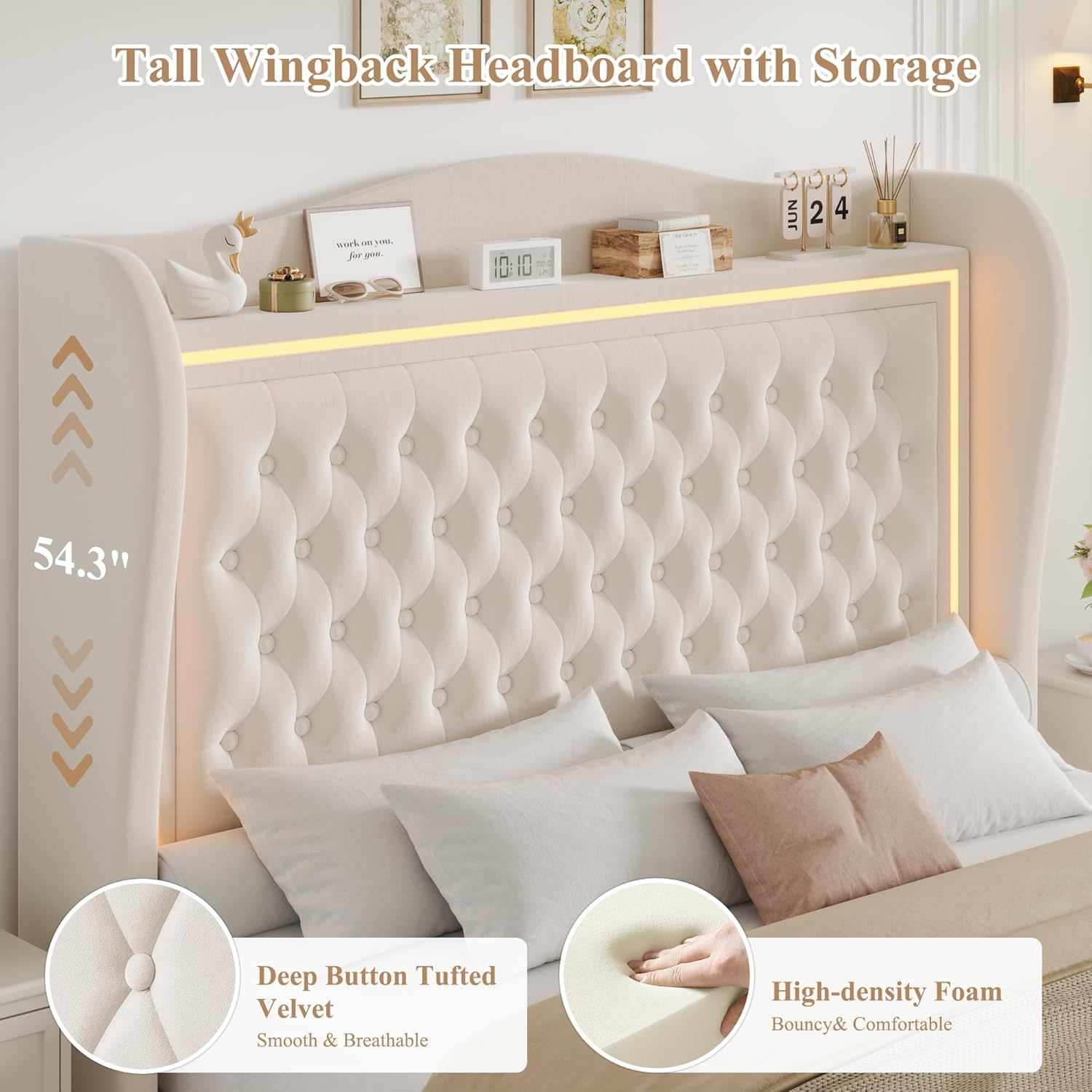 King Bed Frame 55' Tall Headboard with LED Lights, Buttons Tufted Velvet Upholstered Platform Bed Frame with 2 Storage Drawers, Wood Slats Support Mattress Foundation, No Box Spring Needed, Beige