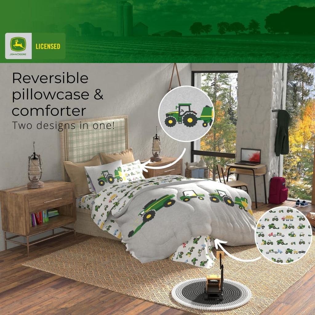 Franco Kids John Deere Farm Equipment Bedding 5 Piece Super Soft Comforter and Sheet Set, Queen, (Officially Licensed Product)