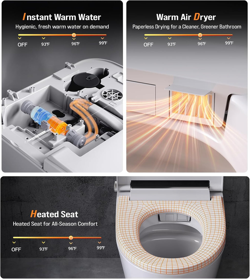 Electric Smart Toilet with Bidet Built-In & Tank, No Water Pressure Limit, Modern Design with Foam Shield, Foot Sensor & Auto Flush, Elongated One Piece, Heated Seat, Warm Air Dryer, 1000g MaP Flush