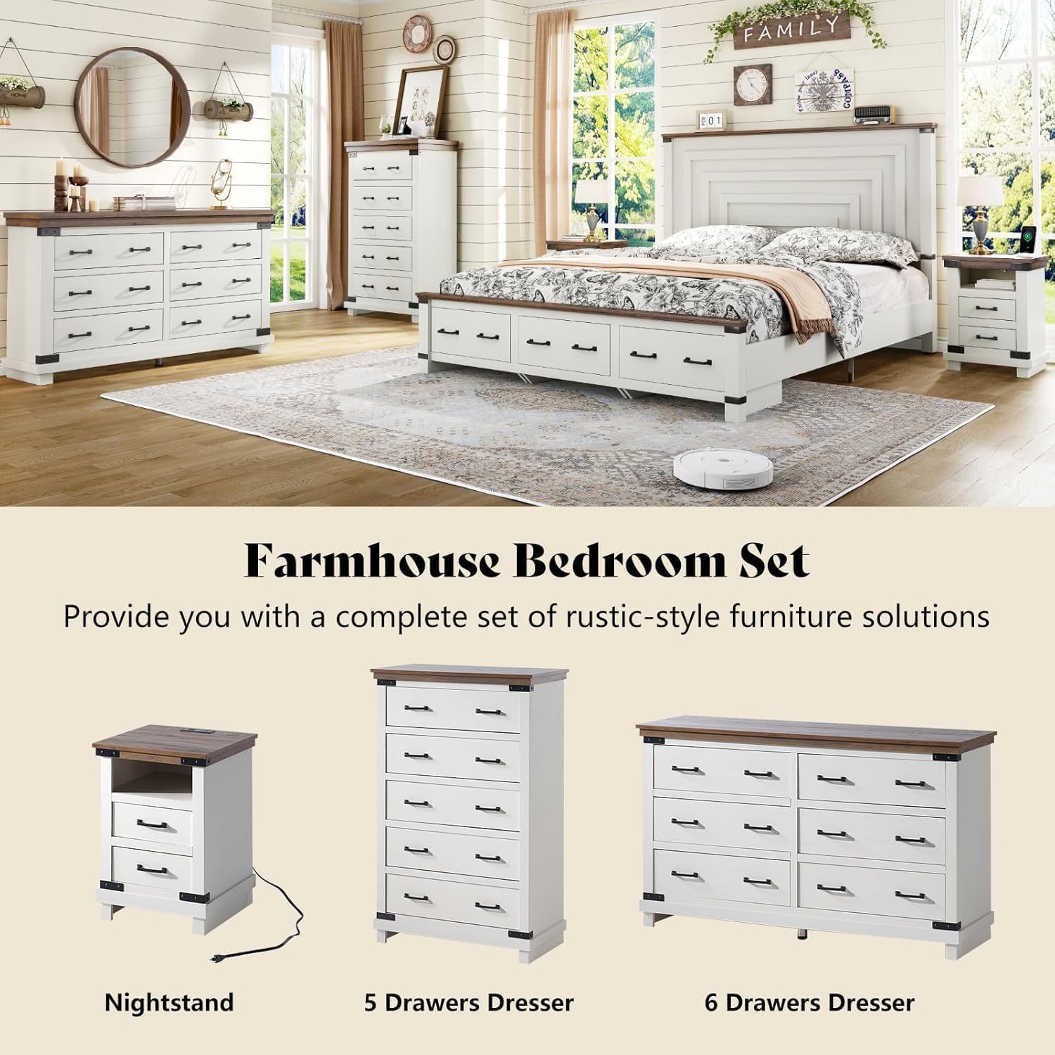 AMERLIFE Farmhouse 2-Pieces Wood Bedroom Set, Including Rustic King Size Bed Frame with 51' Tall Headboard, 6 Drawers Large Dresser Chests, Heavy-Duty Thick Plank Styling, Antique White