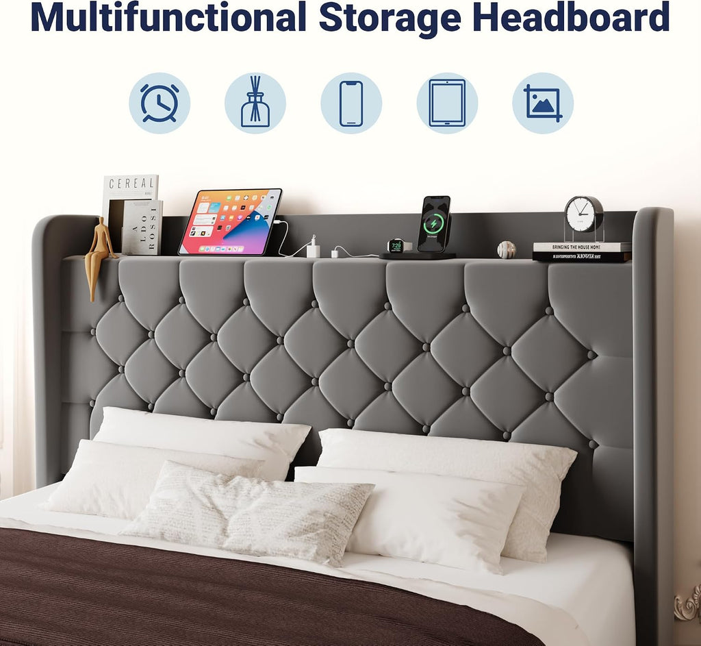 Allewie Full Size Bed Frame, Storage Headboard with Charging Station, Wingback Velvet Upholstered, Diamond Stitched Button Tufted, Sturdy Wooden Slats, No Box Spring Needed, Easy Assembly, Grey
