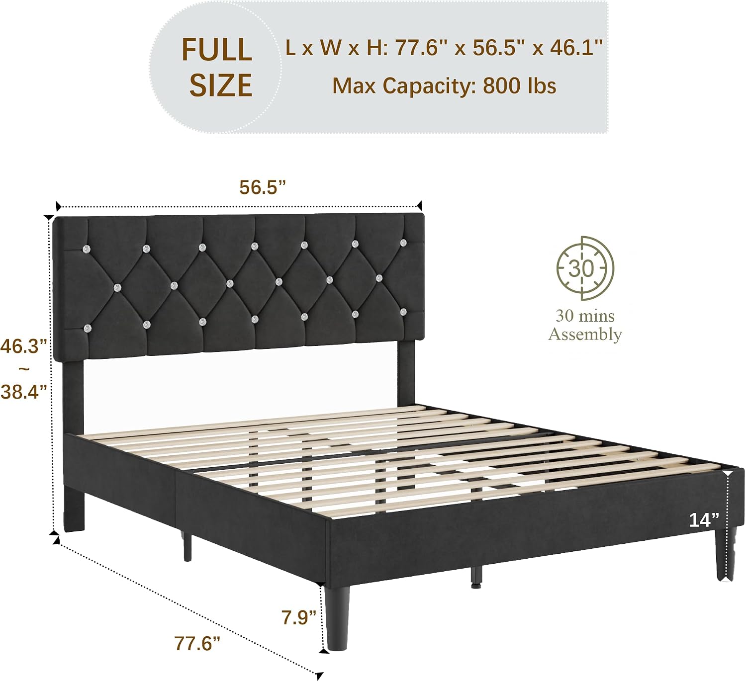 VECELO Full Size Bed Frame with Diamond Tufted Headboard, Upholstered Platform Bedframe with Wood Slat Support, No Box Spring Needed, Velvet & Black