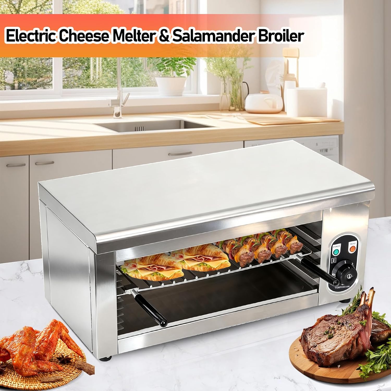 Commercial Electric Cheese Melter Salamander Broiler, 1600W Steak Broiler with Adjustable Temp Control (122°F-572°F), Wall Mount or Countertop, Stainless Steel Raclette Grill, for Cheese, Steaks