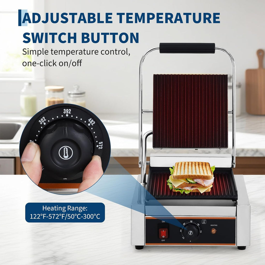 YS-811C 1800W Commercial Panini Press & Electric Grill, 9x9 Inch Sandwich Maker with 6-Temp Control, 110V Indoor Grill for Burgers, Panini, Breakfast, Silver