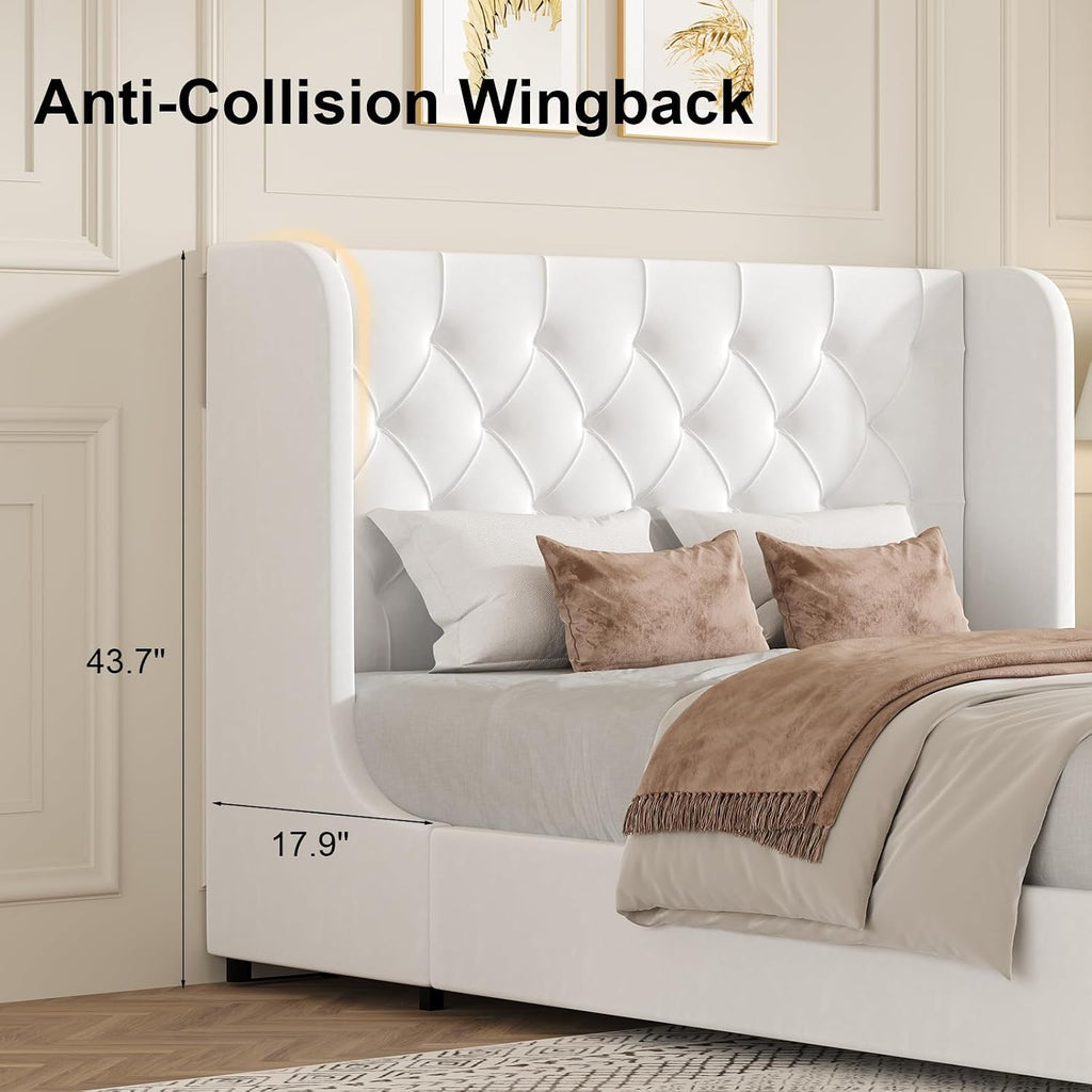 HOMBCK White Queen Bed Frame, Velvet Upholstered Platform Bed Frame with Headboard, Curved Wingback Design, Wooden Slats, No Box Spring, Noise Free, Easy Assembly