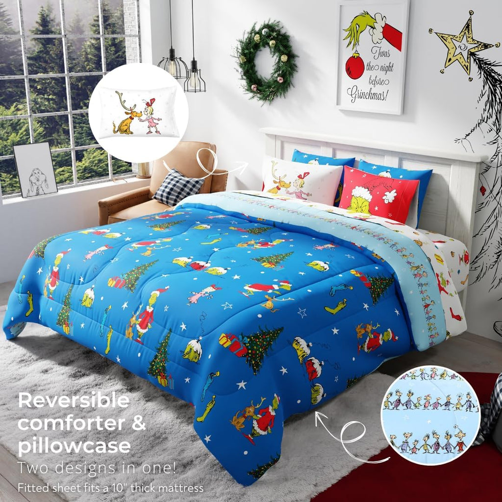 Grinch by Dr. Seuss Holiday & Christmas Bedding Super Soft Comforter and Sheet Set with Sham, 7 Piece King Size (Official Dr. Seuss Product) By Franco