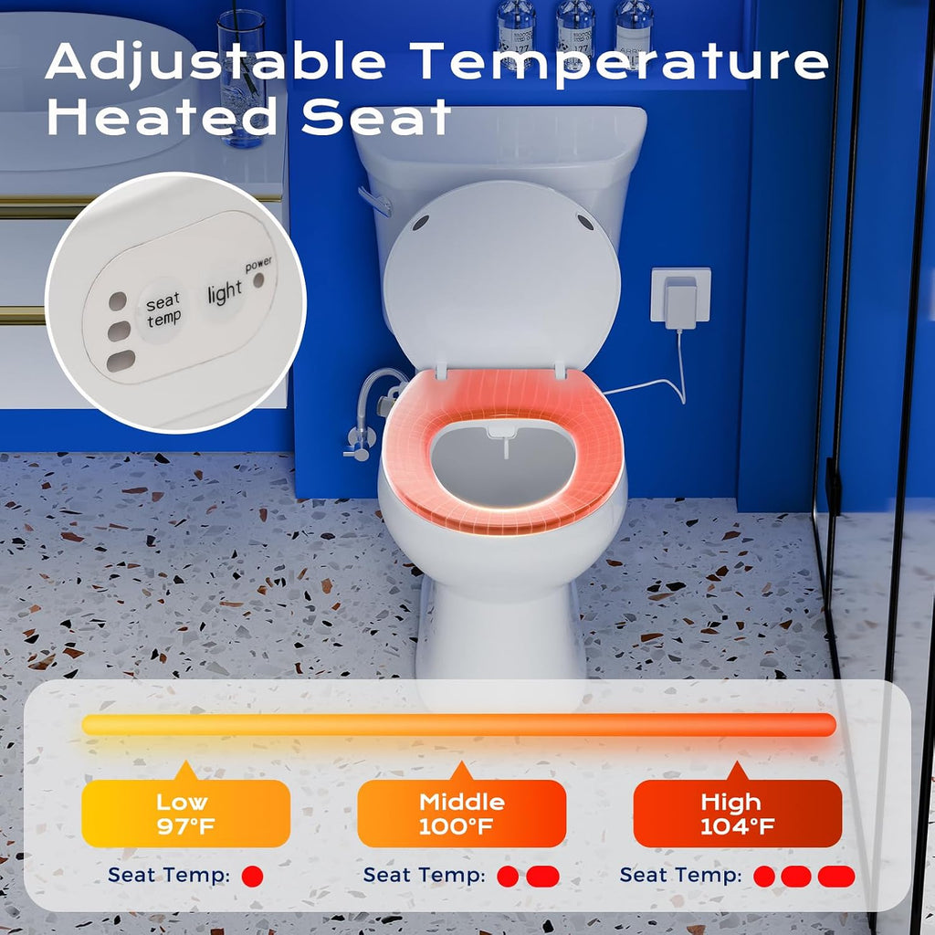 Clirass Round Heated Toilet Seat with Night Light, Three Temperature Settings Heated Seat,70 in Power Cord, Fit Round Toilet, Cold Water Bidet Function Toilet Seat With Slow Close