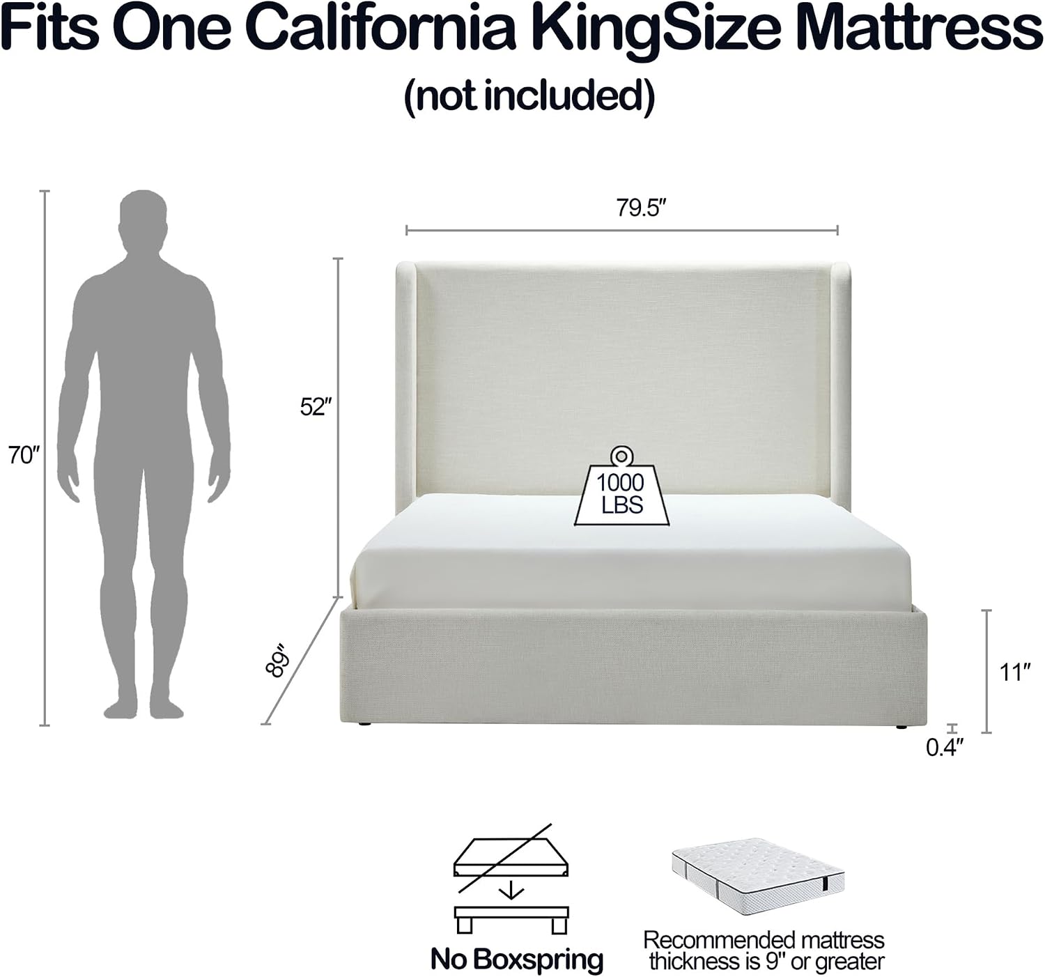 California King Textured Canvas Chenille Bed Frame with 54' Tall Headboard - Ivory Carmen Wingback Upholstered Platform Bed Elegant Simplicity Bedroom Strong Wood Slats Support No Box Spring Needed
