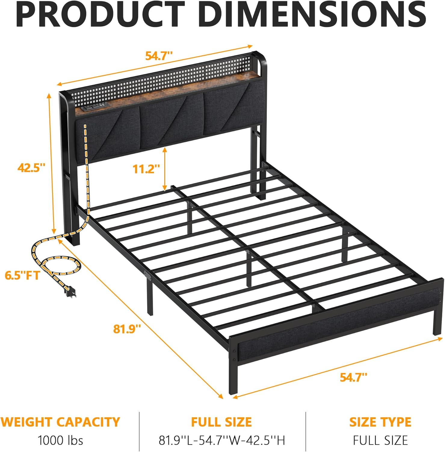 Furnulem Full Size Bed Frame with Headboard and Storage Shelf, LED Light and Charging Station, Metal Platform Bed with Heavy Duty Slats, No Box Spring Needed, Noise Free & Easy Assembly