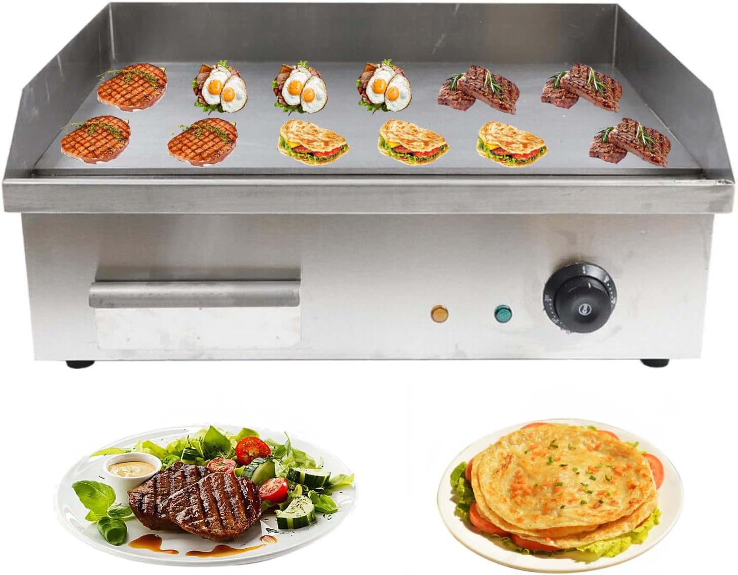 3000W Non-Stick Commercial Electric Table Top Griddle, 572°F/300℃ Thermostatic Double Control Flat Top Grill with Overload Circuit Breaker, Stainless Steel Teppanyaki Grill for Pancakes, Omelets, etc