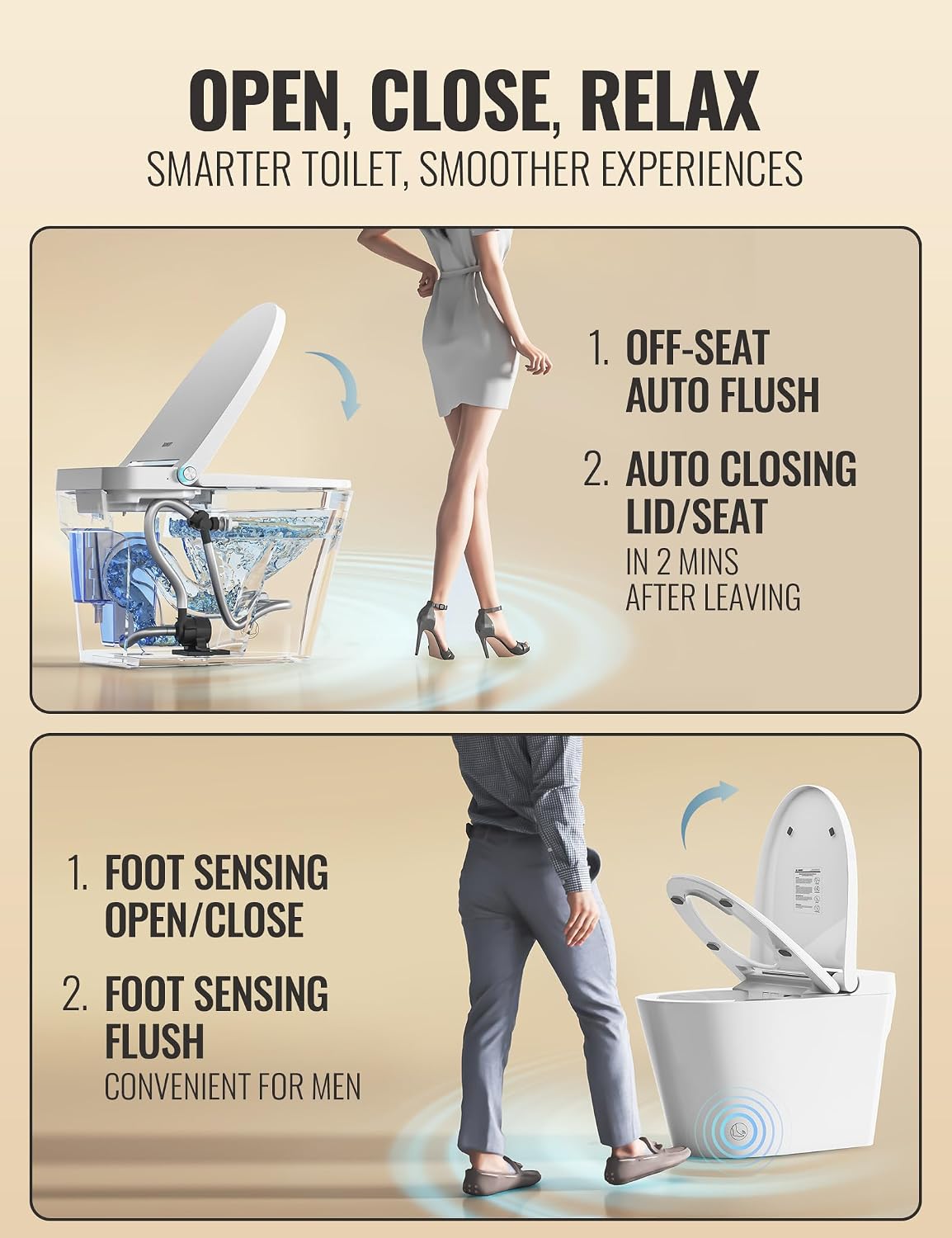 Smart Toilet with Bidet Built in, Luxury One Piece Elongated Bidet Toilet, Auto Open/Close/Flush, Foot Sensor Operation, Built-in Tank & Booster Pump, Heated Seat, Massage Wash, Night Light