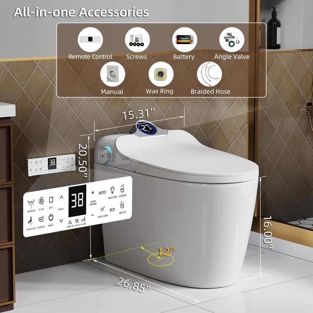 Smart Toilet Bidet with Foot Sensor Open Cover,Seat, Self Cleaning Nozzle, LED Display, Three Level Heated Seat,Airflow, Night Light, Knob Control, Soft Close, Auto Flush, with Remote Control