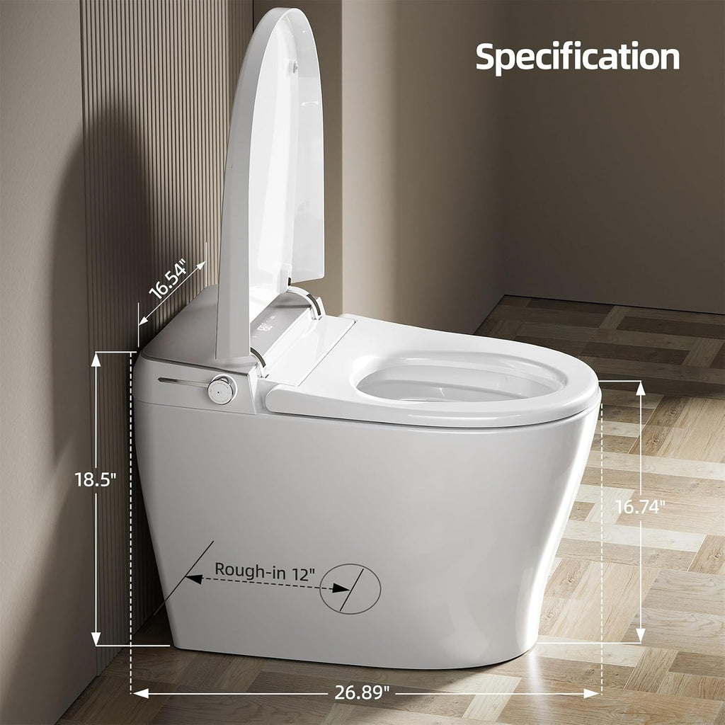 Commercial Grade Smart Toilet with Built-in Tank and Pump - 12' Rough-in, Low Water Pressure Solution, Heavy Duty Smart Bidet Toilet with Knob Control, Foot Sensor Flush, Blackout Flush