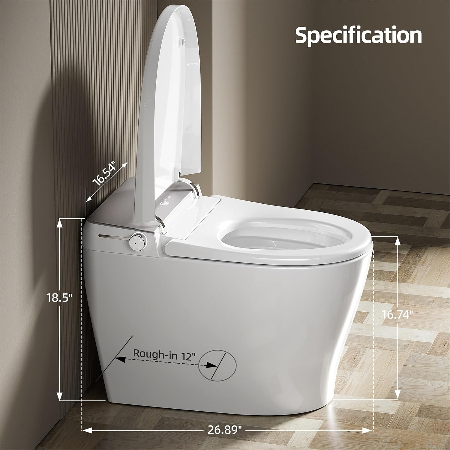 Commercial Grade Smart Toilet with Built-in Tank and Pump - 12' Rough-in, Low Water Pressure Solution, Heavy Duty Smart Bidet Toilet with Knob Control, Foot Sensor Flush, Blackout Flush