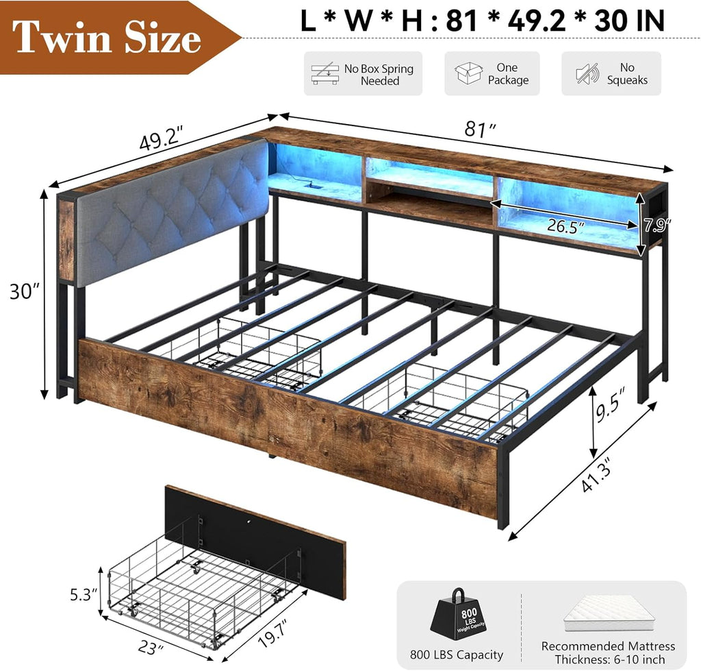 Doltoro Twin Corner Bed Frame with Storage Bookcase and LED Lights, Twin Size Daybed with 2 Storage Drawers, Upholstered Platform Bed with Headboard and Charging Station, Rustic Brown & Gray