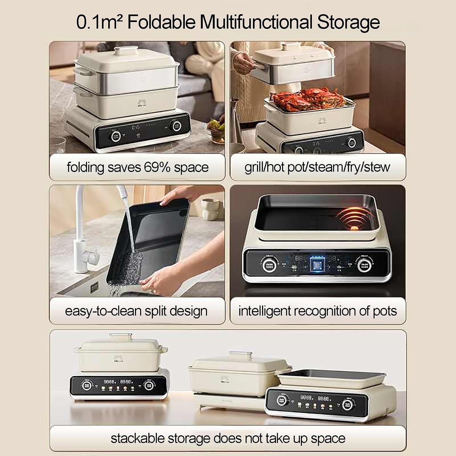 Multifunction Indoor Electric Pot, Electric Skillet, Grill, Griddle, Hot Pot, Double Pot with Independent Temperature Control, 2100 W Foldable Non-Stick Pot