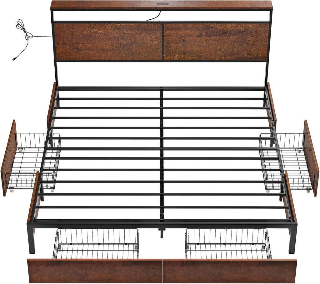 HAUSOURCE King Bed Frame with 4 Storage Drawers Metal Platform Bed Frame King Size with Headboard Charging Station LED Lights Non-Slip Without Noise No Box Spring Needed