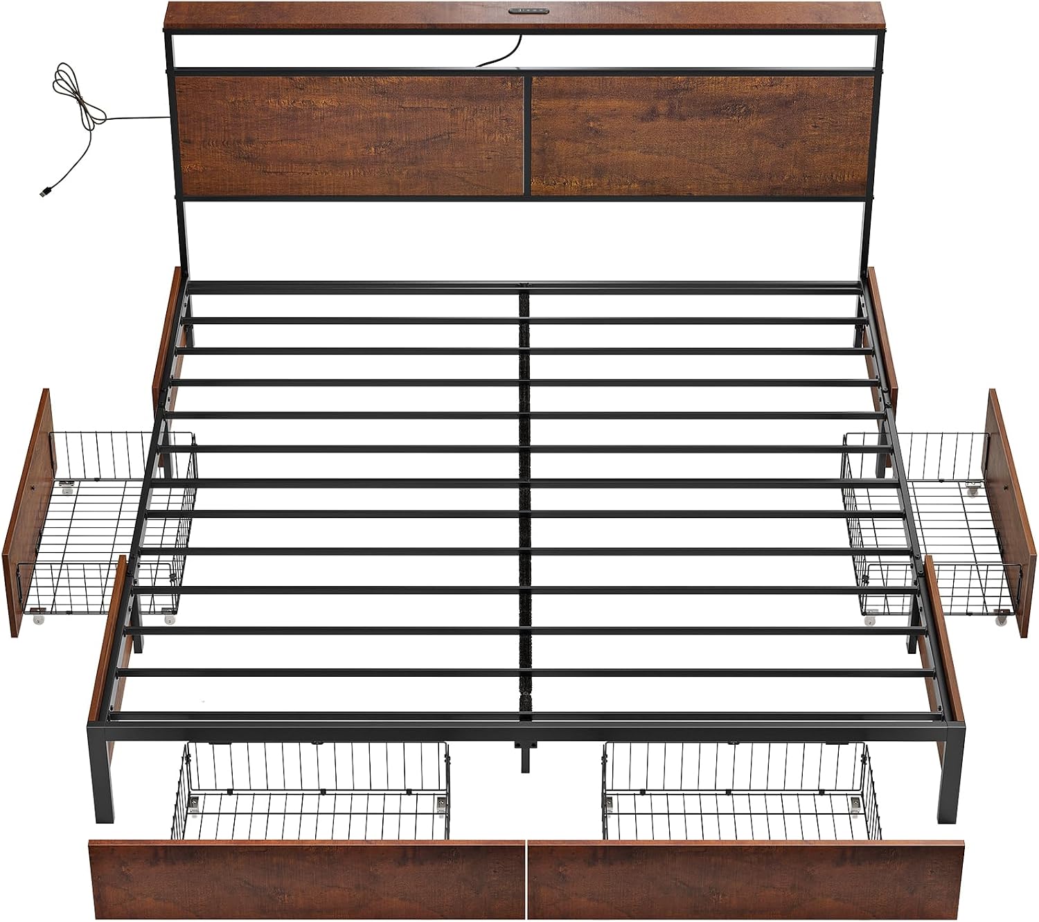 HAUSOURCE King Bed Frame with 4 Storage Drawers Metal Platform Bed Frame King Size with Headboard Charging Station LED Lights Non-Slip Without Noise No Box Spring Needed
