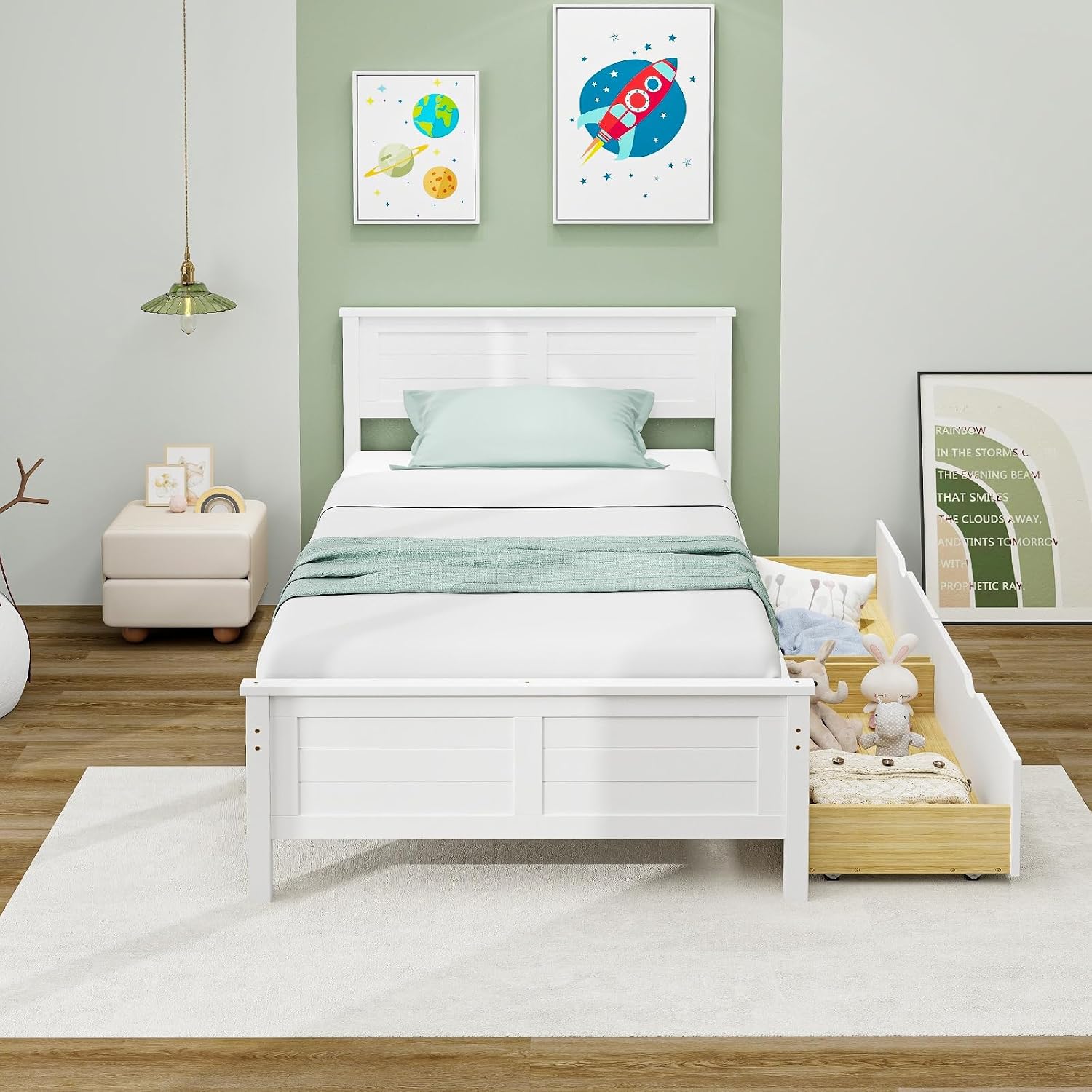 Giantex Wood Twin Bed with 2 Storage Drawers, Solid Wood Platform Bed with Headboard, Wooden Slats Support Mattress Foundation, No Spring Needed, Twin Bed Frame for Kids, Teens, Adults, White
