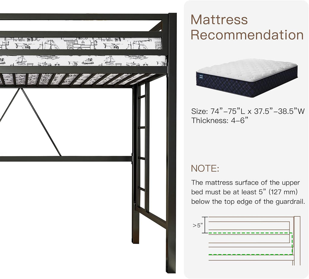 ikalido Metal Loft Bed Twin Size with Safety Guardrail and Ladder, No Box Spring Needed Space Saving Bedroom Furniture, Matte Black