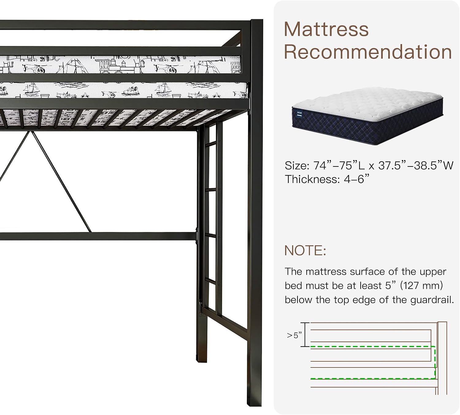 ikalido Metal Loft Bed Twin Size with Safety Guardrail and Ladder, No Box Spring Needed Space Saving Bedroom Furniture, Matte Black