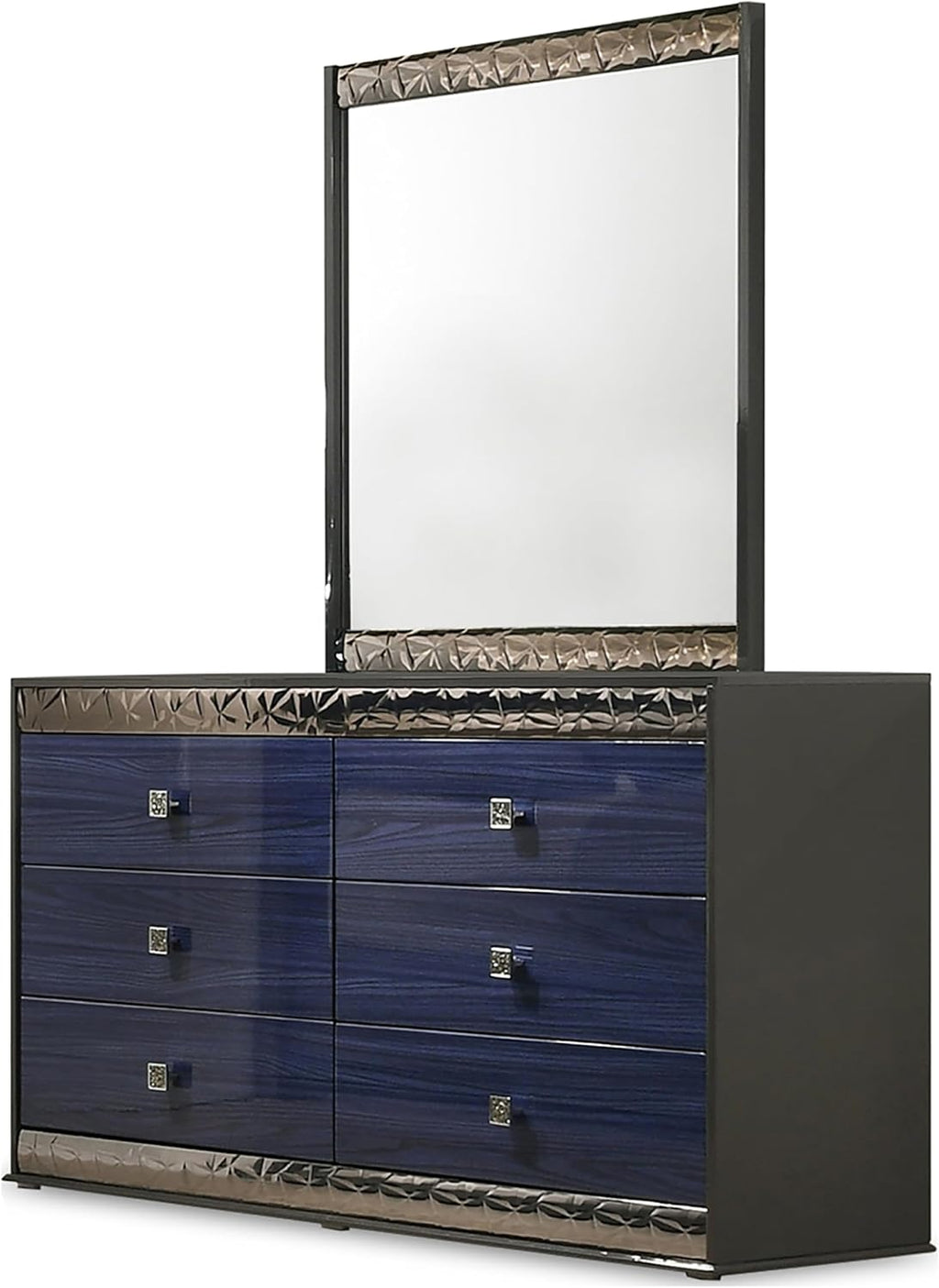 Furniture of America Scape Glam Solid Wood 6-Piece Bedroom Set with Geo Chrome Molding, Felt-Lined Top Drawer, Metal Side Glide, Square Knobs, No Box Spring Needed, King, Indigo Blue