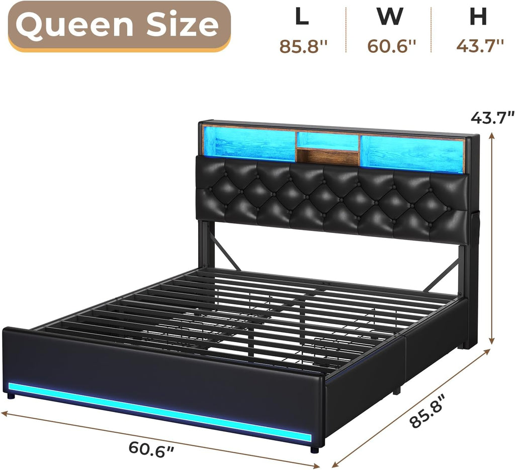 HAUOMS Queen Bed Frame with 3-Tier Headboard & Hidden Storage, Upholstered LED Bed Frame with 4 Drawers and Charging Station,Platform Metal Bed Frame with Storage, No Box Spring Needed, PU Black