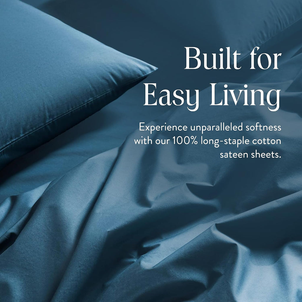 Brooklinen Luxury Sateen 4 Piece Sheet Set - 100% Cotton Bed Sheets, Soft & Durable Twin Sheets Set in Abyss Blue, Oeko-TEX Certified Bedding Set, 1 Fitted Sheet, 1 Flat Sheet, 2 Pillowcases