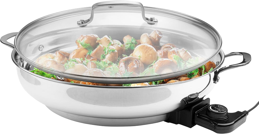 XL Electric 16' Skillet By CucinaPro- 18/10 Stainless Steel Frying Pan with Tempered Glass Lid and Handle, Round with Adjustable Temperature Control Probe, Portable, Includes Recipe Guide, Great Gift