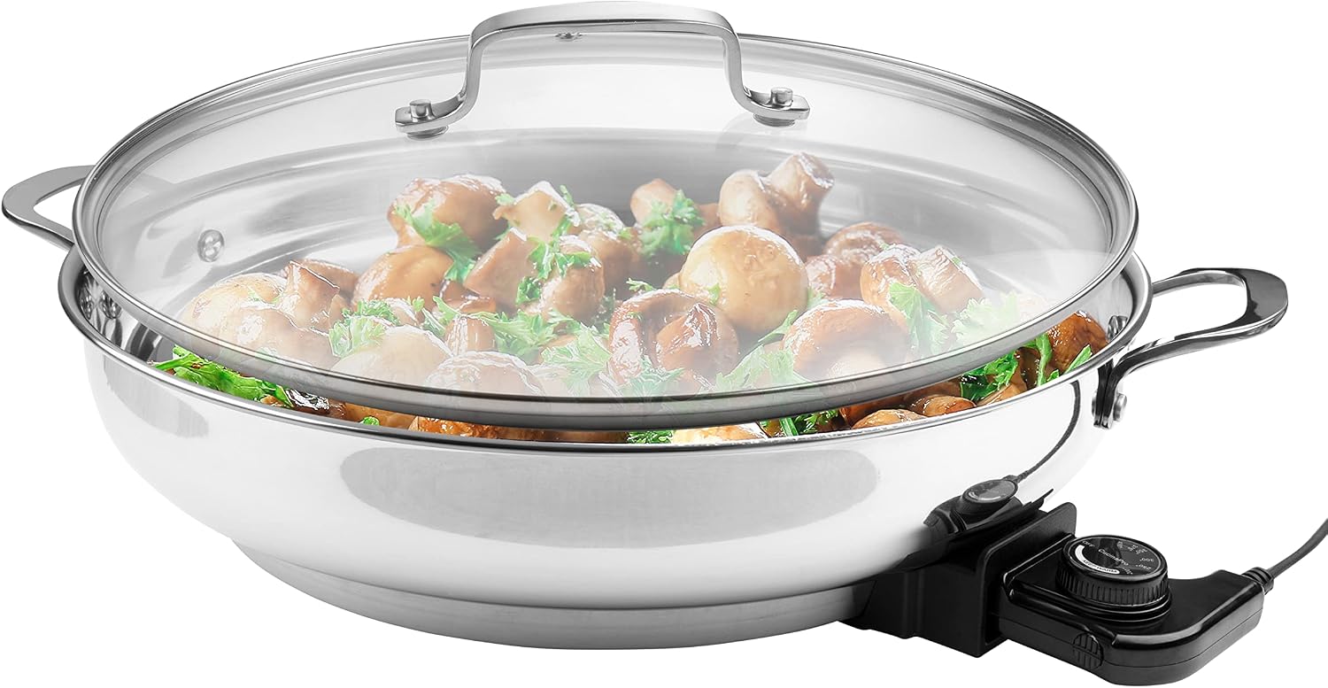 XL Electric 16' Skillet By CucinaPro- 18/10 Stainless Steel Frying Pan with Tempered Glass Lid and Handle, Round with Adjustable Temperature Control Probe, Portable, Includes Recipe Guide, Great Gift