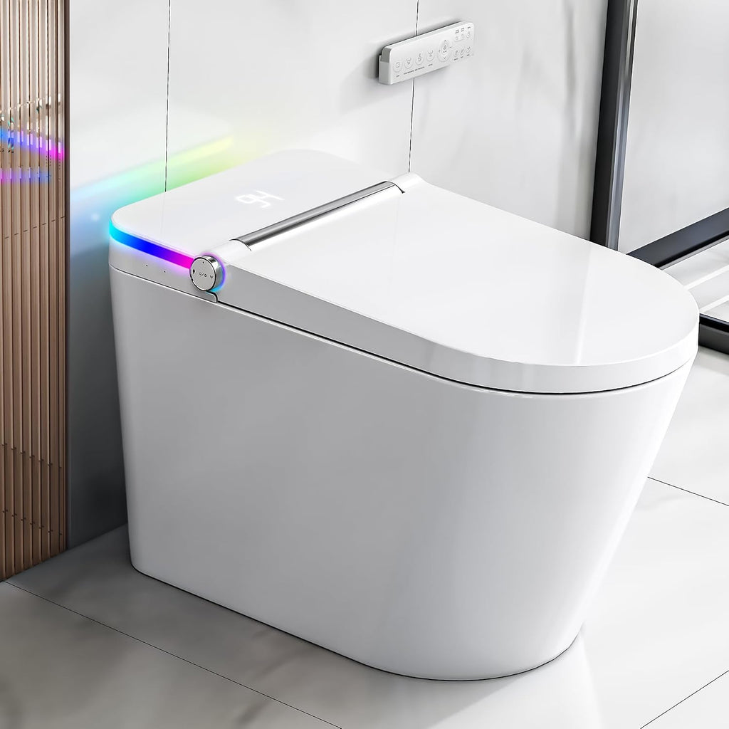 Smart Toilet with Bidet Built In, Heated Seat, Warm Water Wash & Dryer, Tankless Bidet Toilet with Foot Sensor & Night Light, Auto Open/Close Lid & Flush, Wireless Remote, 1.26GPF Water-Saving Design