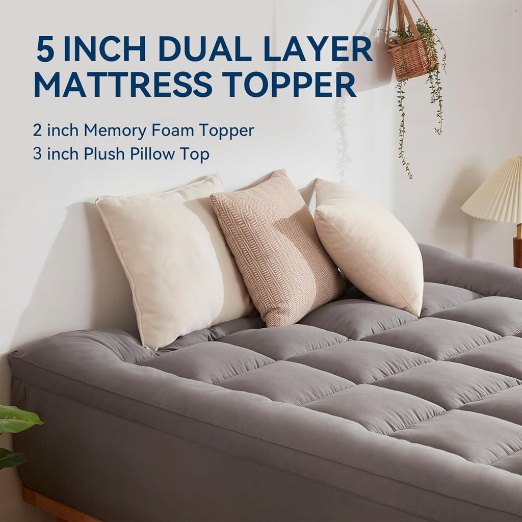 BDEUS Dual Layer 5 Inch Memory Foam Mattress Topper Twin XL Size for Dorm Room, 2 Inch Gel Memory Foam Plus 3 Inch 1450 GSM Pillow Top Mattress Pad Cover,Dark Gray