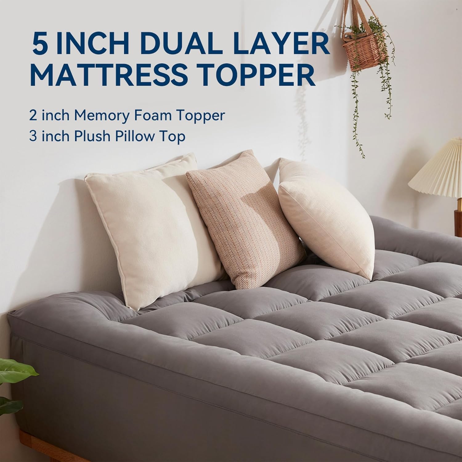 BDEUS Dual Layer 5 Inch Memory Foam Mattress Topper Twin XL Size for Dorm Room, 2 Inch Gel Memory Foam Plus 3 Inch 1450 GSM Pillow Top Mattress Pad Cover,Dark Gray
