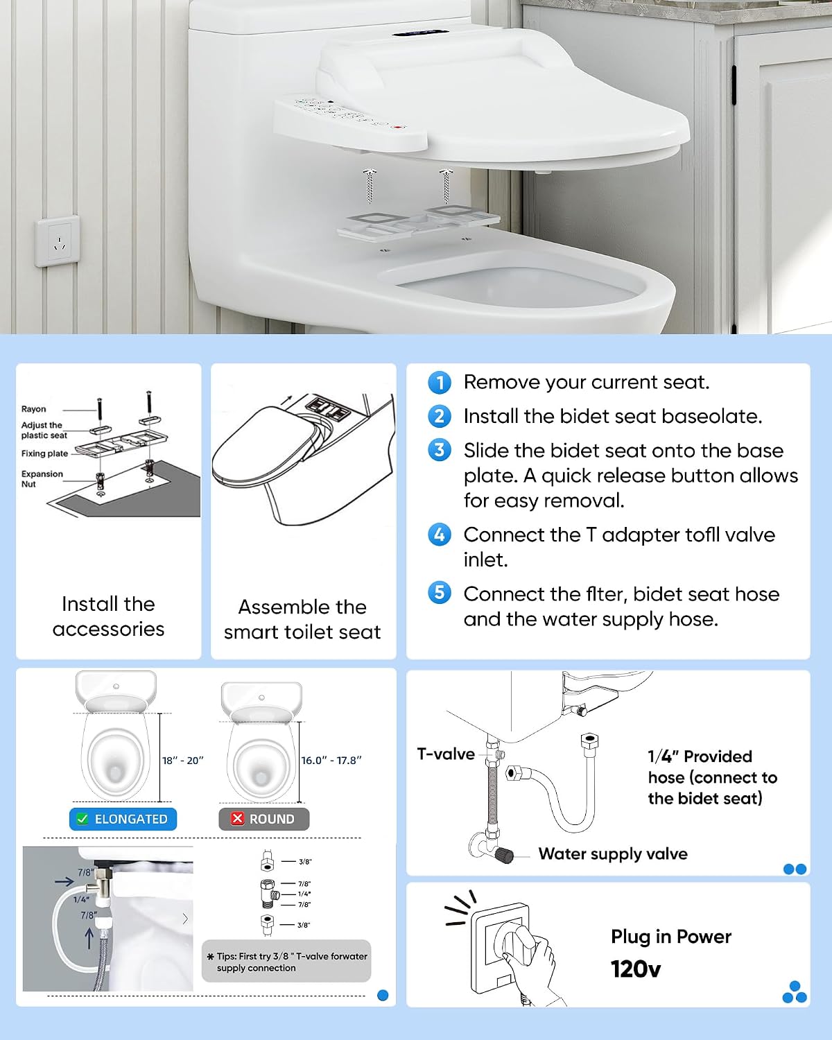 Upgrade Bidet Toilet Seat Elongated, Rear and Feminine Wash, Unlimited Warm Water, Heated Seat, Warm Air Drying, Soft Close Lid Upgraded Bidet Toilet
