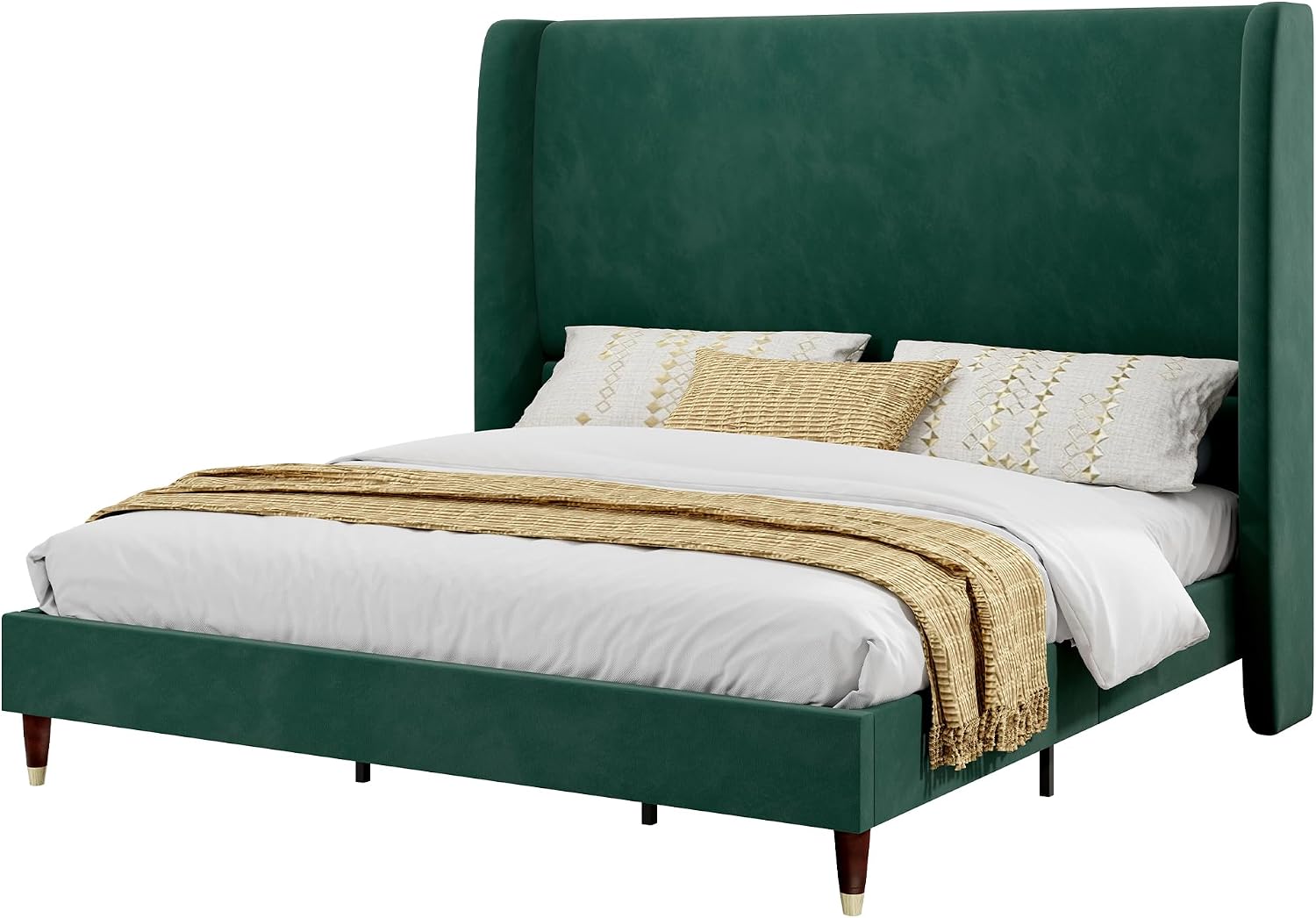 PaPaJet Full Size Bed Frame with 51.2' Wingback Headboard,Velvet Upholstered Platform Bed,Solid Wood Legs,No Box Spring Needed,Noise-Free&Easy Assembly,for Teen Girls, Dorm, Small Bedroom,Green