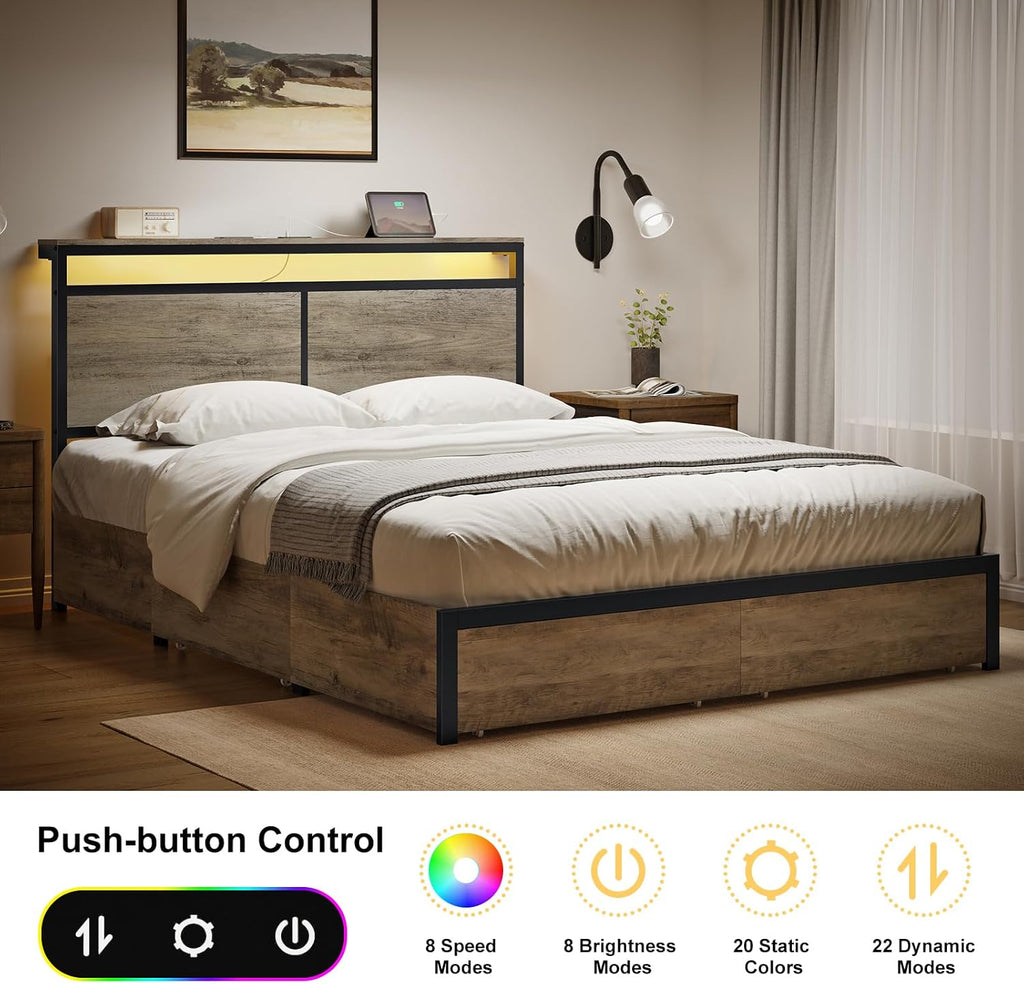HAUSOURCE Full Bed Frame with 4 Storage Drawers Metal Platform Bed Frame Full Size with Headboard Charging Station LED Lights Non-Slip Without Noise No Box Spring Needed