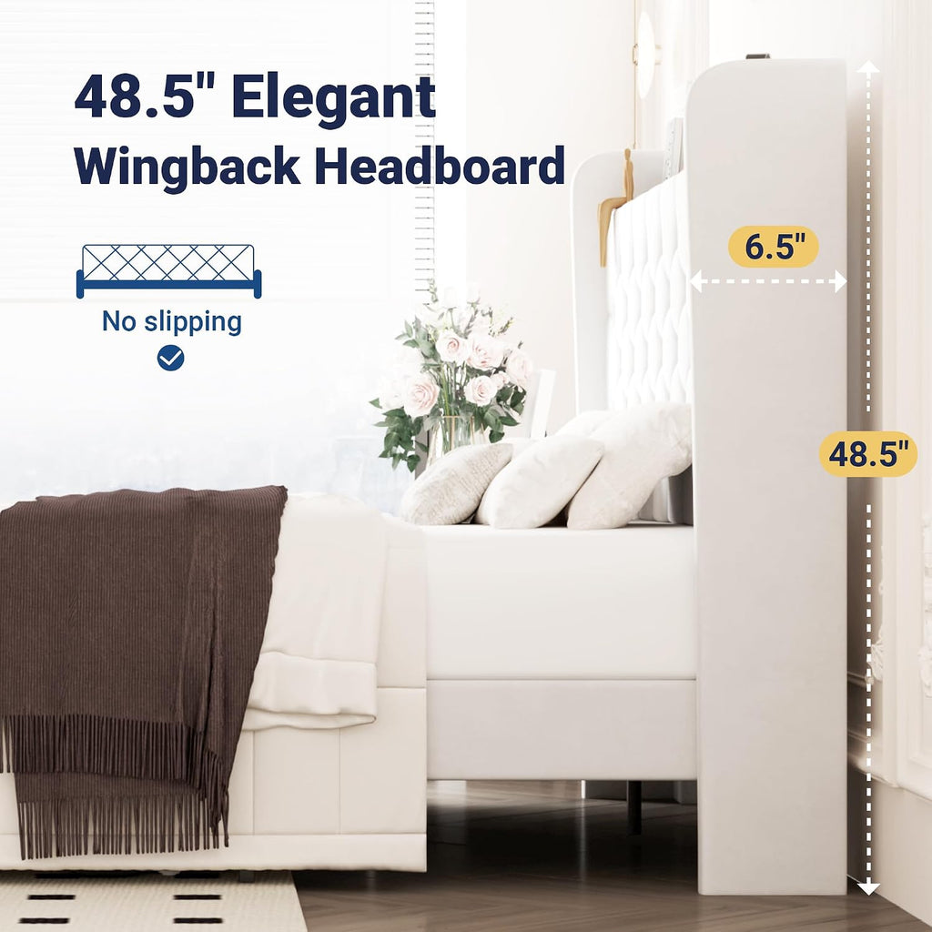 Allewie Full Size Bed Frame, Storage Headboard with Charging Station, Wingback Velvet Upholstered, Diamond Stitched Button Tufted, Sturdy Wooden Slats, No Box Spring Needed, Easy Assembly, White