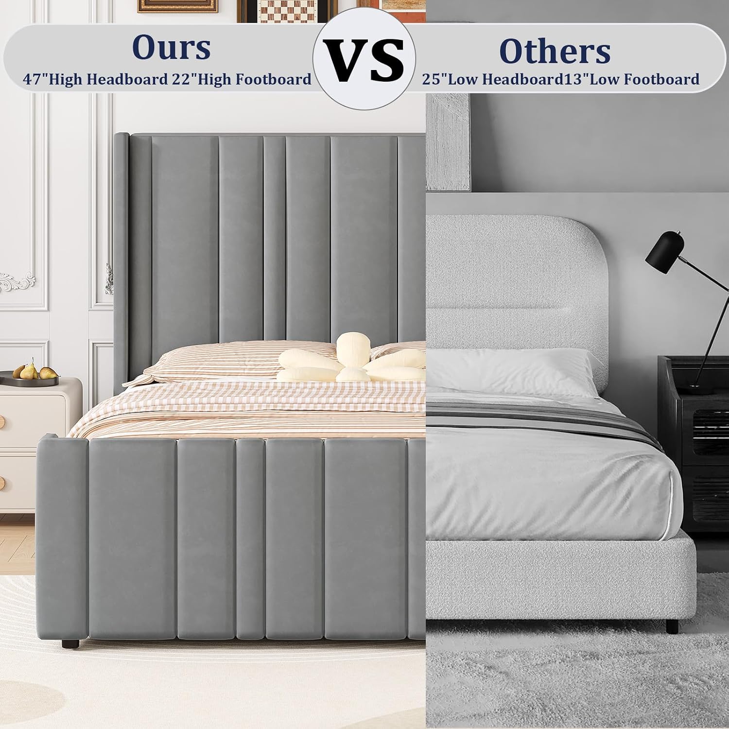HOMBCK Full Size Bed Frame, Velvet Upholstered Platform Bed Frame Full with Vertical Channel Tufted Headboard & Footboard, Wooden Slats/Noise Free/No Box Spring Needed/Easy Assembly, Grey